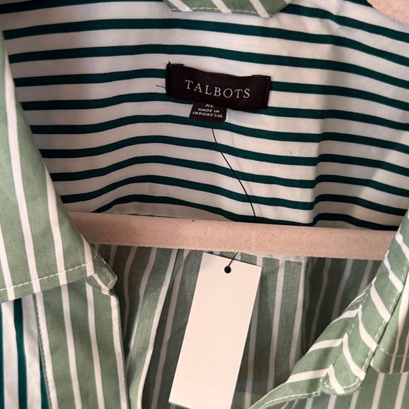Talbots Shirt Green White Striped Poplin Collar Button cuffs Pullover size XL - Picture 2 of 7